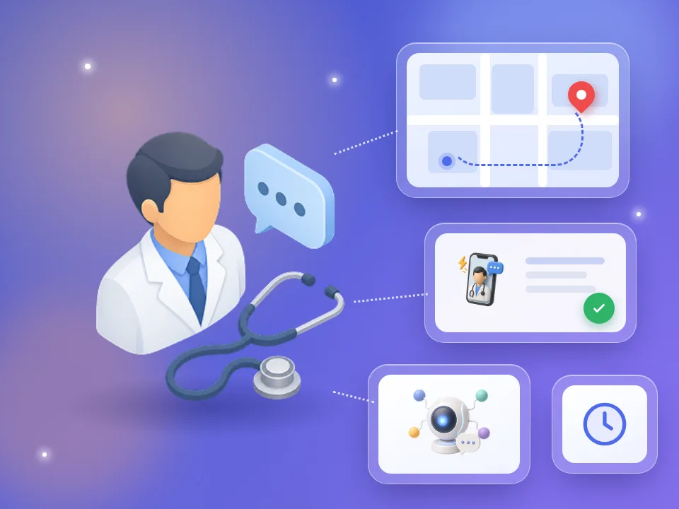 En yakın doktoru harita üzerinden bulun, yol tarifi alın veya online görüşün Stetoskoplu doktor; yanında harita üzerinde en yakın kliniğe yol tarifi, telefonda Anında Doktor görüntülü görüşmesi, HappAI asistanı ve saat kartları
