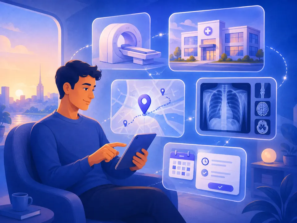 Find the nearest radiology center on the map and book an appointment Person using a tablet to find the nearest radiology center on a map, surrounded by an MRI scanner, a hospital, X-ray images and an appointment calendar